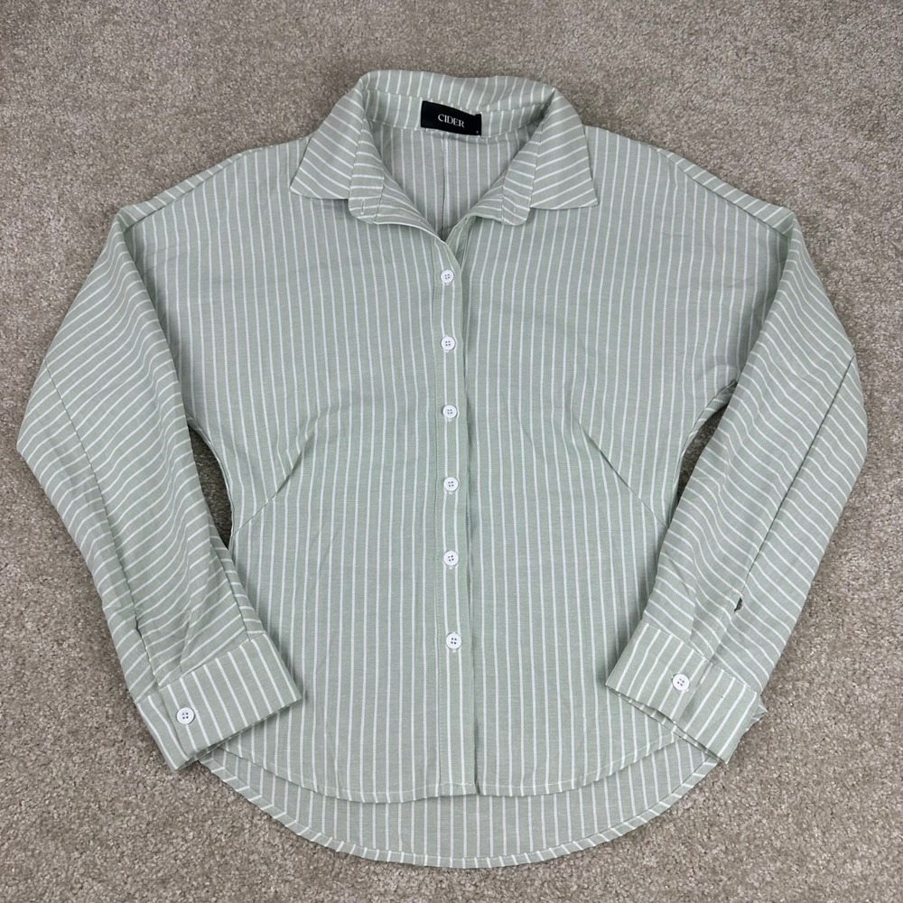 CIDER Sage Green Pinstripe Button Down Shirt Cinched Waist Cotton Blend Small